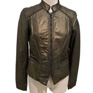 White House Black Market Womens Metallic Coated Foil Moto Jacket Black Gold Sz 4